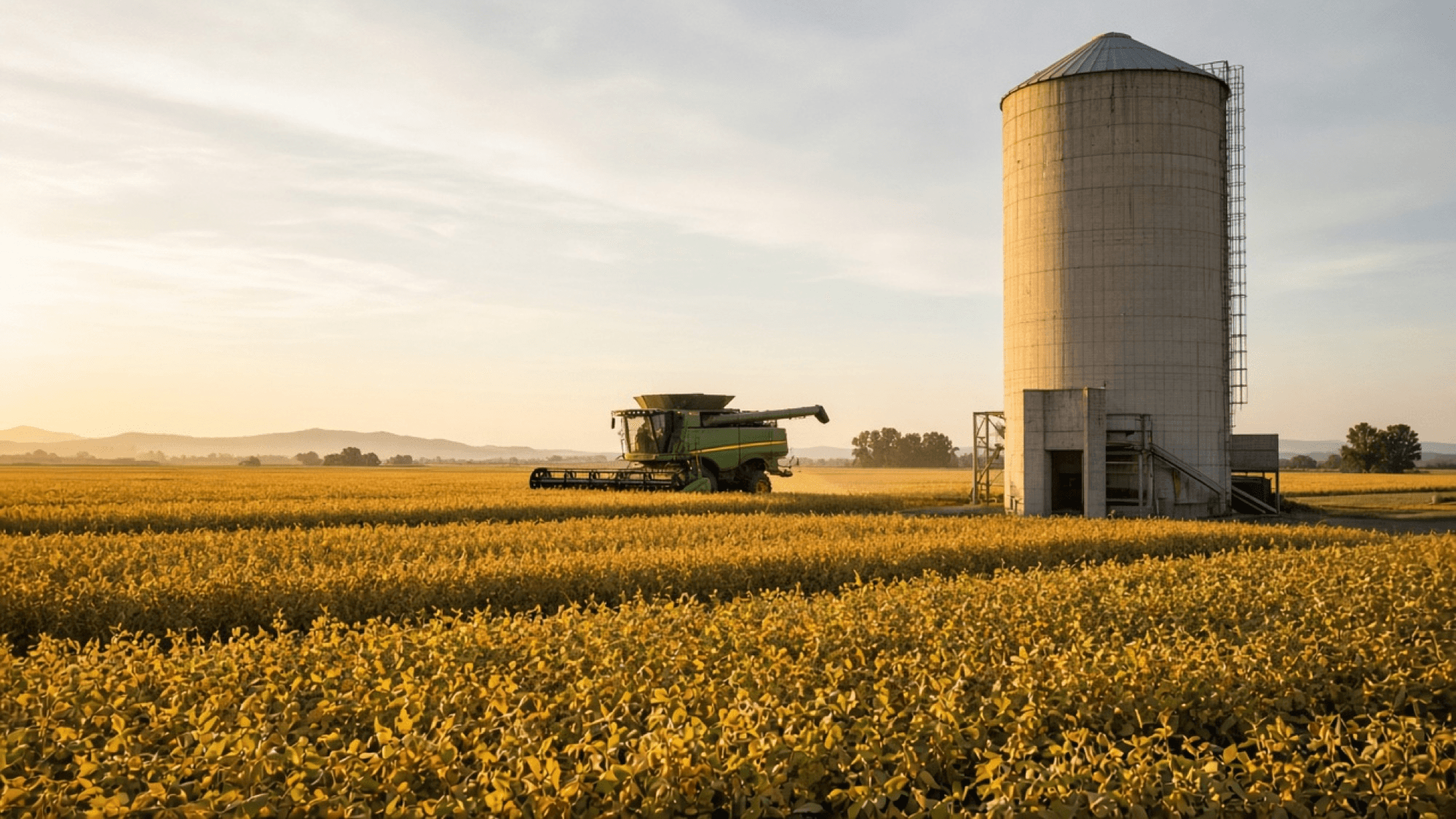 Colheitadeira e silo em uma lavoura de soja no agronegócio.