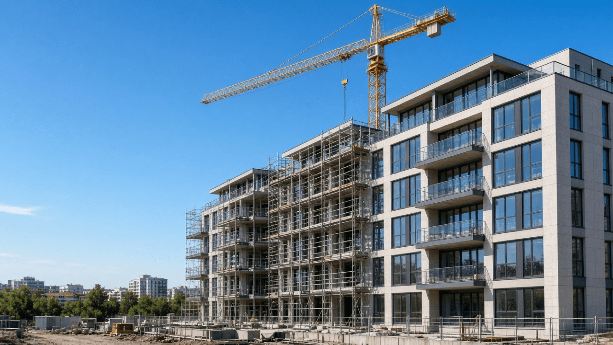 Empreendimento imobiliário em construção, com andaimes e guindaste.