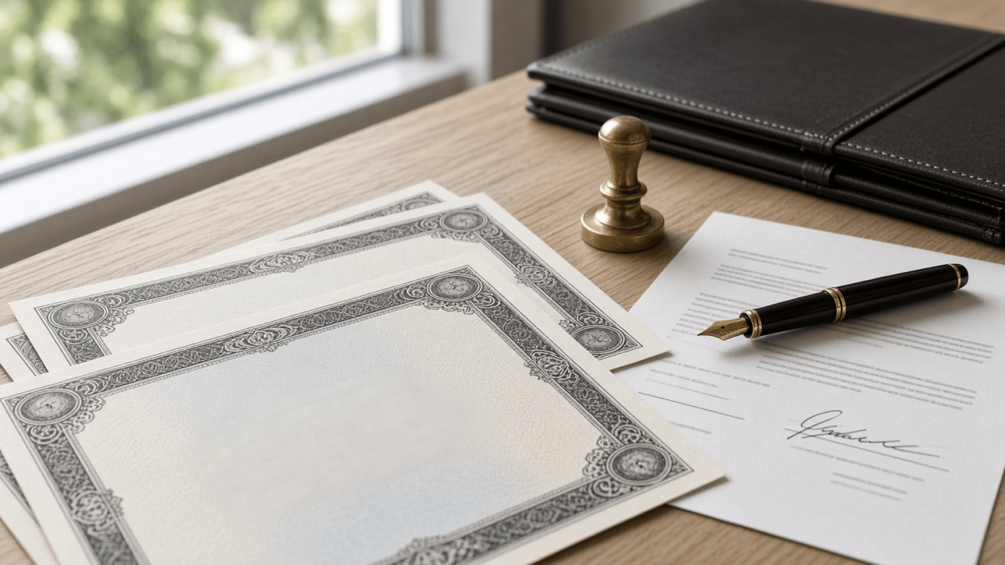 Certificados de ações sobre a mesa, com caneta-tinteiro e selo societário.